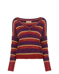 Женский темно-пурпурный свитер с v-образным вырезом в горизонтальную полоску от Twin-Set