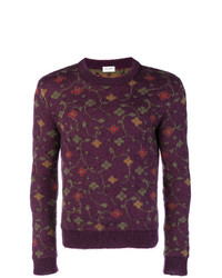 Мужской темно-пурпурный свитер с круглым вырезом с цветочным принтом от Saint Laurent