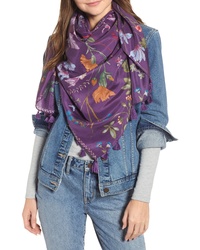 Темно-пурпурный шелковый шарф с цветочным принтом
