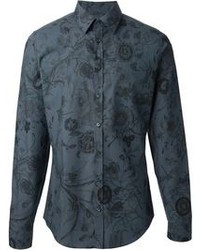 Мужская темно-серая классическая рубашка с цветочным принтом от Gucci