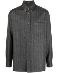 Мужская темно-серая рубашка с длинным рукавом в вертикальную полоску от Versace