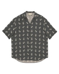 Мужская темно-серая рубашка с коротким рукавом с принтом от Gucci