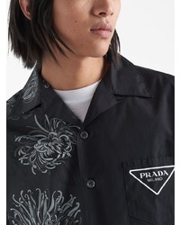 Мужская темно-серая рубашка с коротким рукавом с цветочным принтом от Prada