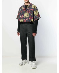 Мужская темно-серая рубашка с коротким рукавом с цветочным принтом от Prada