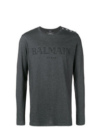 Мужская темно-серая футболка с длинным рукавом с принтом от Balmain