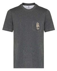 Мужская темно-серая футболка с круглым вырезом с вышивкой от Brunello Cucinelli