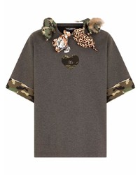 Мужская темно-серая футболка с круглым вырезом с вышивкой от Dolce & Gabbana
