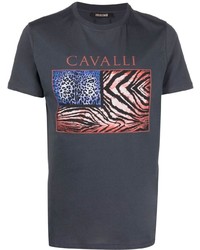 Мужская темно-серая футболка с круглым вырезом с принтом от Roberto Cavalli