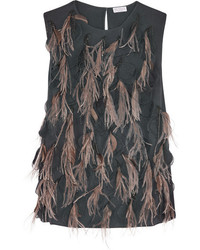 Темно-серая шелковая блузка с украшением от Brunello Cucinelli