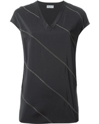 Женская темно-серая шелковая футболка в горизонтальную полоску от Brunello Cucinelli