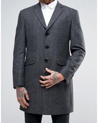 Темно-серое длинное пальто с узором "в ёлочку"