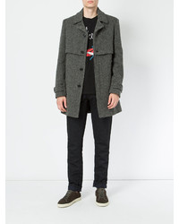 Темно-серое длинное пальто с узором "в ёлочку" от Saint Laurent