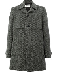 Темно-серое длинное пальто с узором "в ёлочку" от Saint Laurent