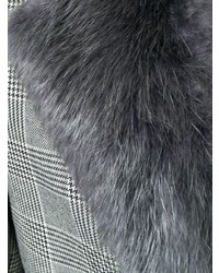 Мужское темно-серое пальто с меховым воротником в клетку от Thom Browne