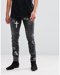 Мужские темно-серые зауженные джинсы с принтом от ASOS DESIGN