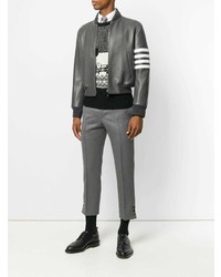 Мужской темно-серый кожаный бомбер от Thom Browne