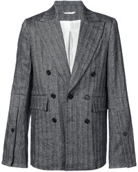 Мужской темно-серый льняной двубортный пиджак в вертикальную полоску от Ann Demeulemeester