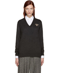 Женский темно-серый свитер с v-образным вырезом с вышивкой от Dolce & Gabbana