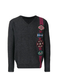 Темно-серый свитер с v-образным вырезом с принтом