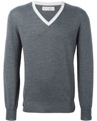 Мужской темно-серый свитер с v-образным вырезом от Brunello Cucinelli