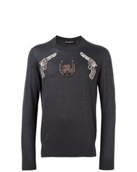 Мужской темно-серый свитер с круглым вырезом с вышивкой от Dolce & Gabbana