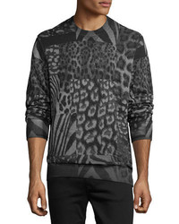 Темно-серый свитер с круглым вырезом с леопардовым принтом