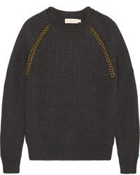 Женский темно-серый свитер с круглым вырезом с украшением от Tory Burch