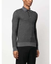 Мужской темно-серый шерстяной свитер с воротником поло с узором зигзаг от Brioni