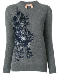 Женский темно-серый шерстяной свитер с цветочным принтом от No.21