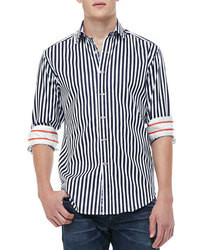 Темно-сине-белая рубашка с длинным рукавом в вертикальную полоску