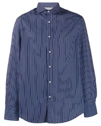 Мужская темно-сине-белая рубашка с длинным рукавом в вертикальную полоску от Brunello Cucinelli