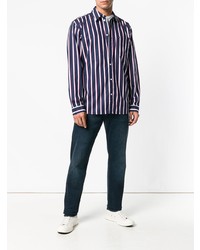 Мужская темно-сине-белая рубашка с длинным рукавом в вертикальную полоску от Tommy Jeans
