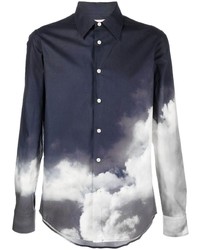 Мужская темно-сине-белая рубашка с длинным рукавом с принтом от Alexander McQueen