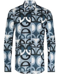 Мужская темно-сине-белая рубашка с длинным рукавом с принтом от Dolce & Gabbana