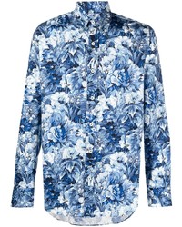 Мужская темно-сине-белая рубашка с длинным рукавом с цветочным принтом от Canali