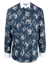 Мужская темно-сине-белая рубашка с длинным рукавом с цветочным принтом от Etro