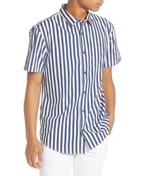 Темно-сине-белая рубашка с коротким рукавом в вертикальную полоску