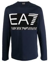 Мужская темно-сине-белая футболка с длинным рукавом с принтом от Ea7 Emporio Armani