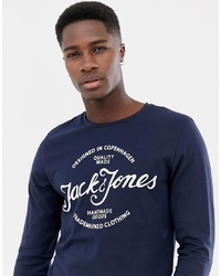 Мужская темно-сине-белая футболка с длинным рукавом с принтом от Jack & Jones
