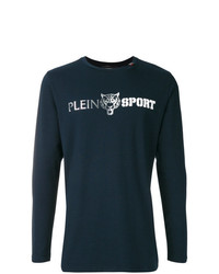 Мужская темно-сине-белая футболка с длинным рукавом с принтом от Plein Sport