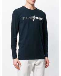Мужская темно-сине-белая футболка с длинным рукавом с принтом от Plein Sport