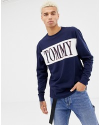 Мужская темно-сине-белая футболка с длинным рукавом с принтом от Tommy Jeans