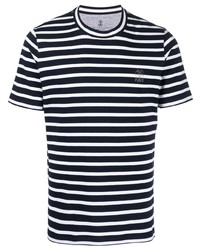 Мужская темно-сине-белая футболка с круглым вырезом в горизонтальную полоску от Brunello Cucinelli