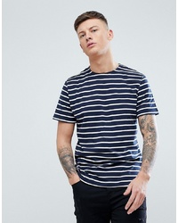Мужская темно-сине-белая футболка с круглым вырезом в горизонтальную полоску от Pull&Bear