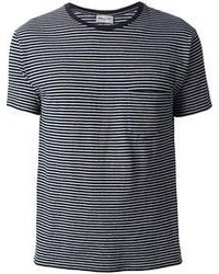 Мужская темно-сине-белая футболка с круглым вырезом в горизонтальную полоску от Saint Laurent