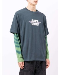 Мужская темно-сине-белая футболка с круглым вырезом с принтом от AAPE BY A BATHING APE