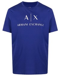 Мужская темно-сине-белая футболка с круглым вырезом с принтом от Armani Exchange