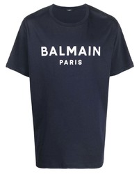 Мужская темно-сине-белая футболка с круглым вырезом с принтом от Balmain