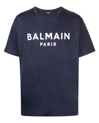 Мужская темно-сине-белая футболка с круглым вырезом с принтом от Balmain