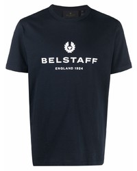 Мужская темно-сине-белая футболка с круглым вырезом с принтом от Belstaff
